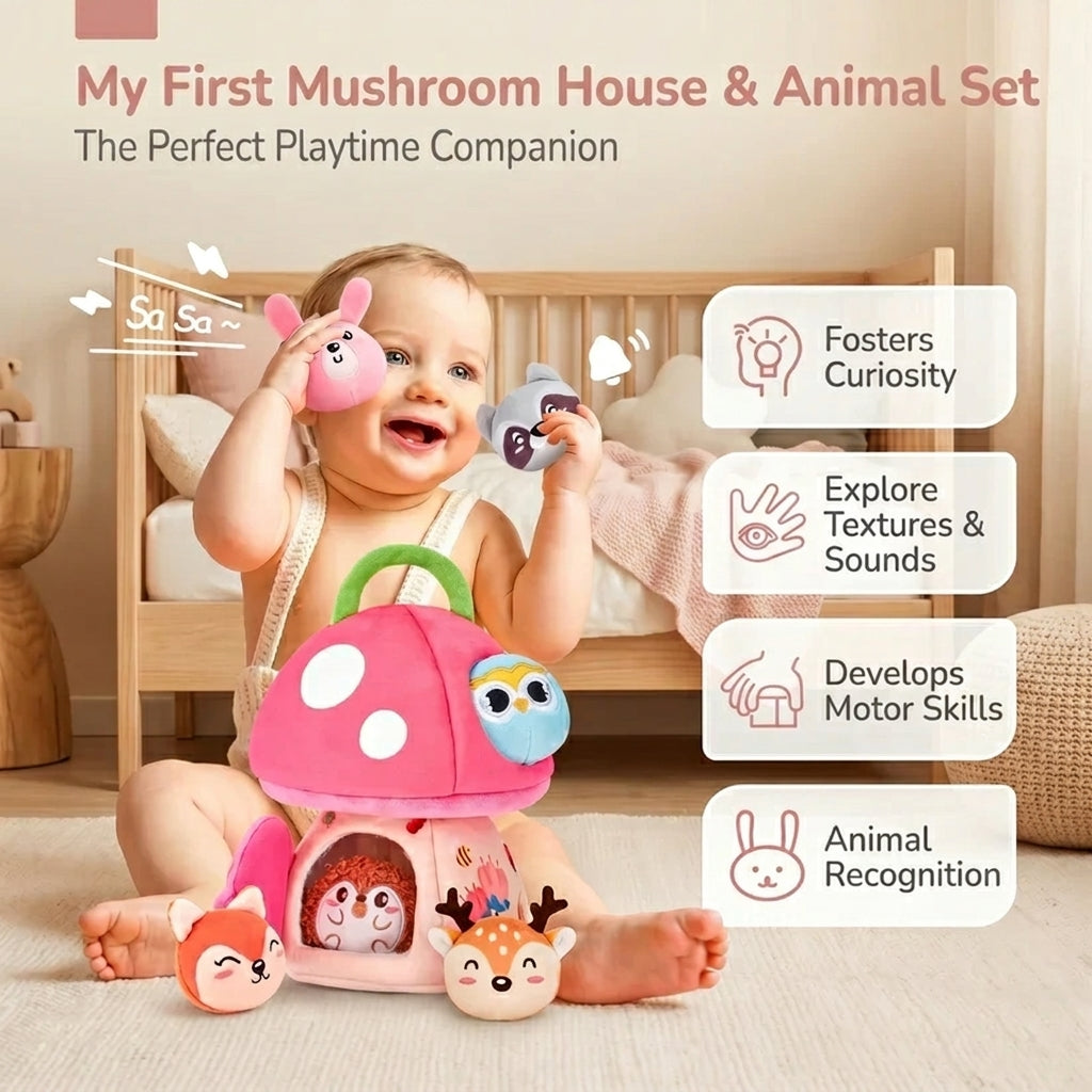 Plush Mushroom House Toy with Jungle Animals