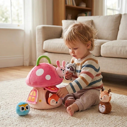 Plush Mushroom House Toy with Jungle Animals