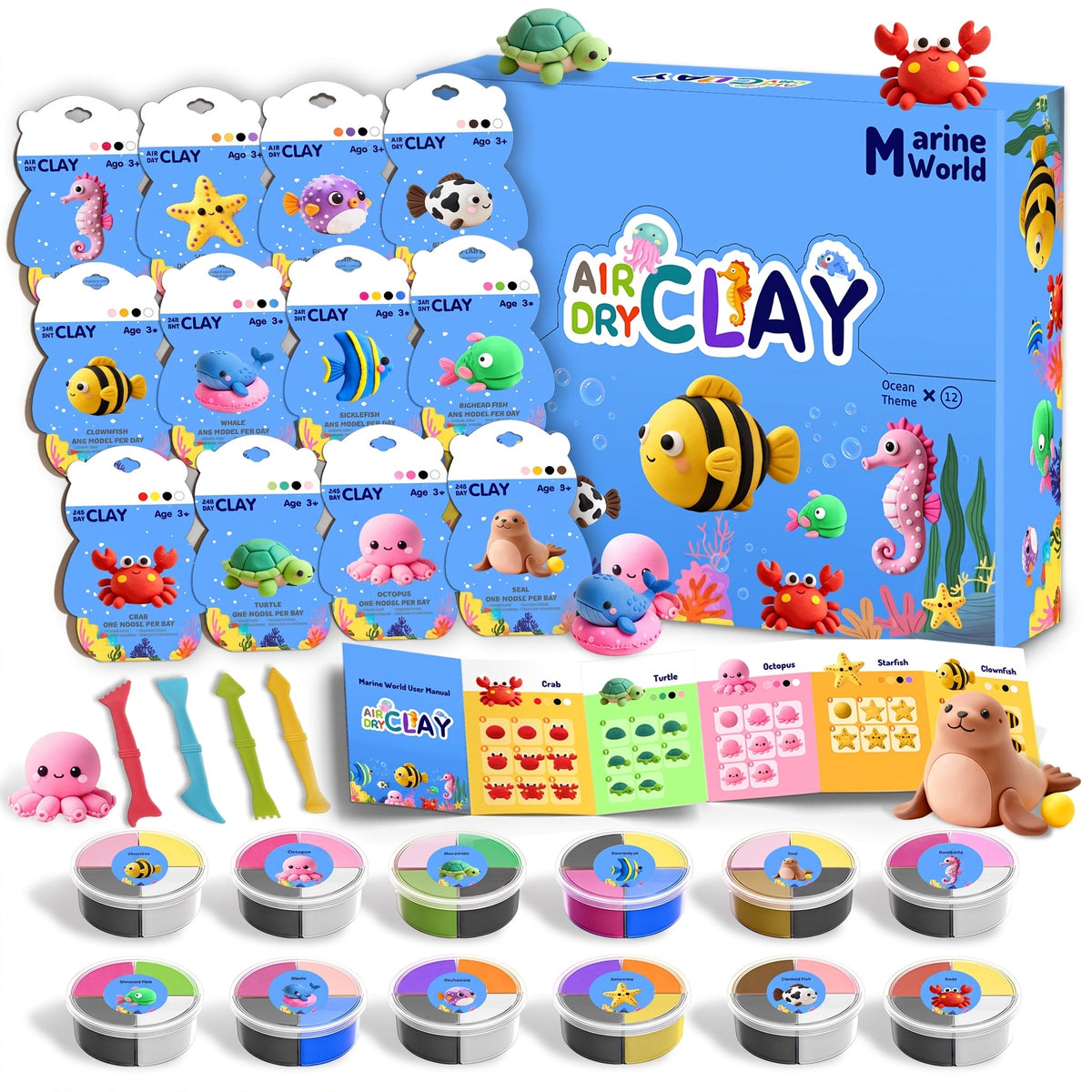 12-Colour Air Dry Clay Kit for Kids with Sculpting Tools